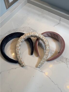 Velvet and Velvet Ribbon Headband Trio - Blue, Mauve, Ivory